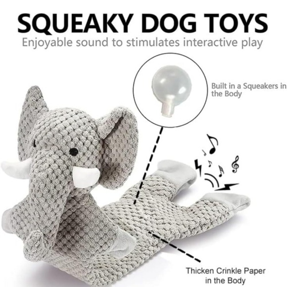 $10🐕 Gray Plush Elephant Squeaky Dog Toy Crinkle Paper Unstuffed Flat Pet Toy